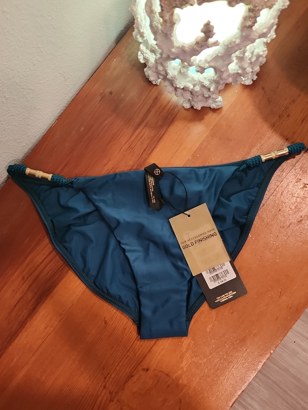 NEW! VIX PAULA HERMANNY SZ L Teal Green Bikini Bottom Gold Accent
